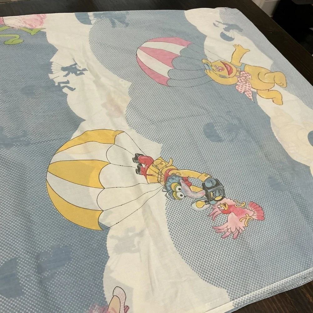 Vintage Muppet Babies Twin Fitted Flat Sheet Kermit Miss Piggy 1980s Blue Set